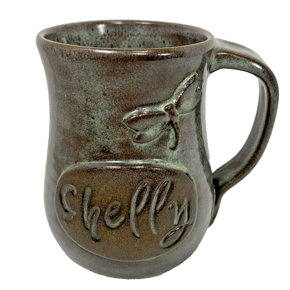 Shelly Personalized Coffee Mug Studio Pottery Dragonfly Green Brown Indiana USA